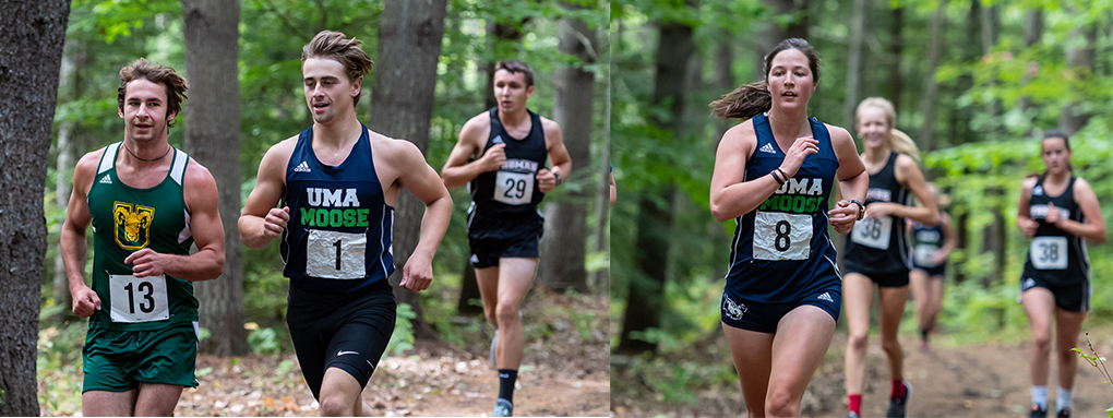 Sam Gerken and Meganne Radway racing in the UMA Cross Country Invitational on UMA&rsquo;s nature trails